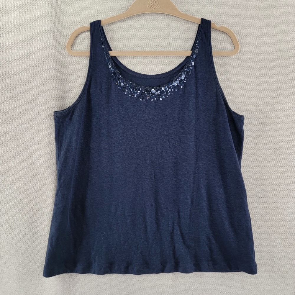 Eileen Fisher Womens Top Embellished Beaded Cami Tank Size Large Navy Blue